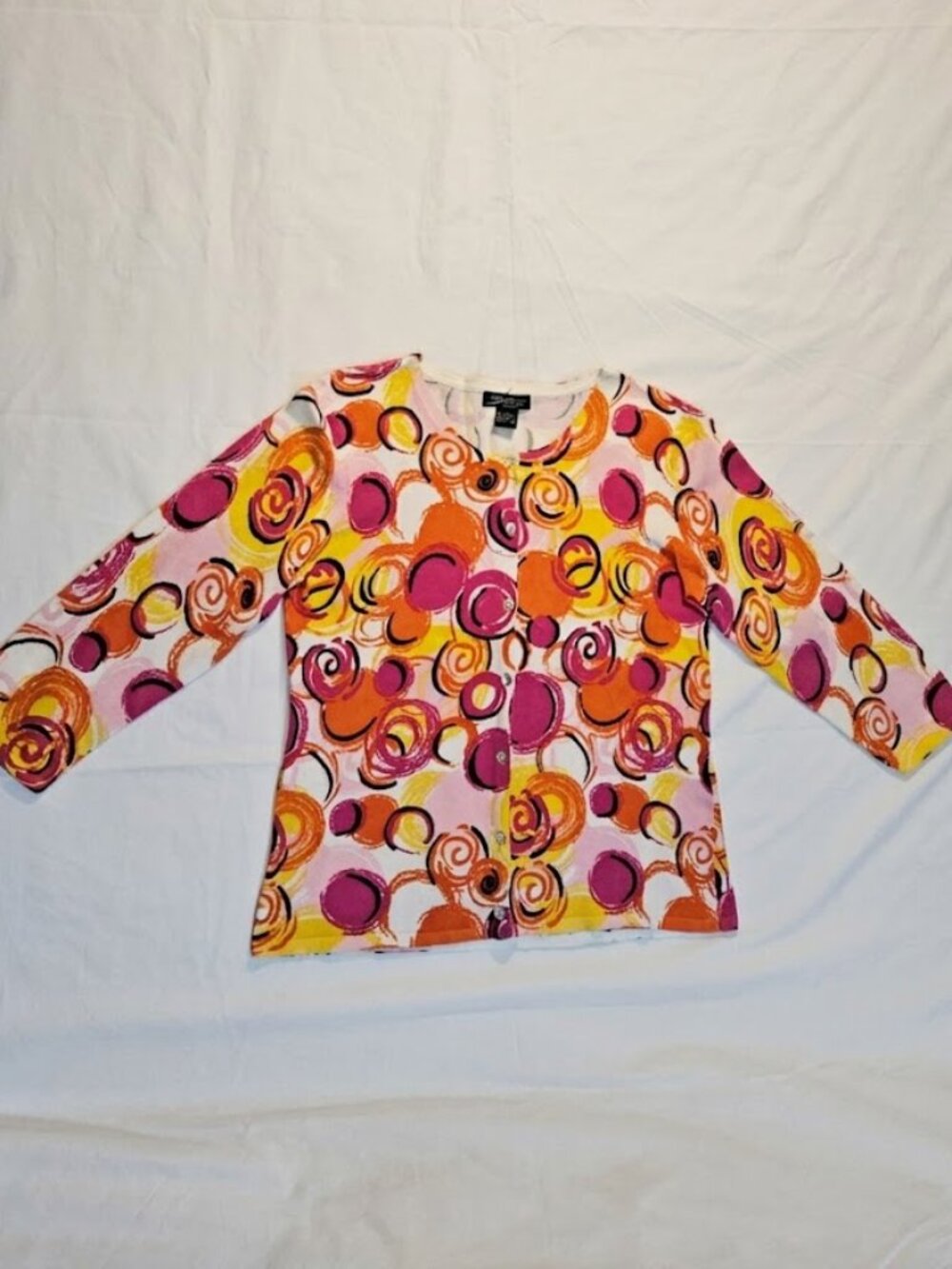 SML Design Retro Abstract Circle Print Cotton Blend 3/4 Sleeve Cardigan - Large
